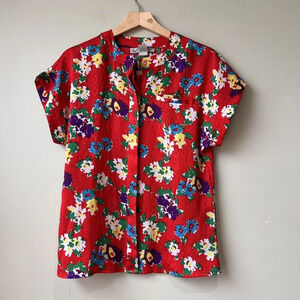 Vintage Argenti Floral Red Short-Sleeve Button-Up‎ Blouse Womens Size 6